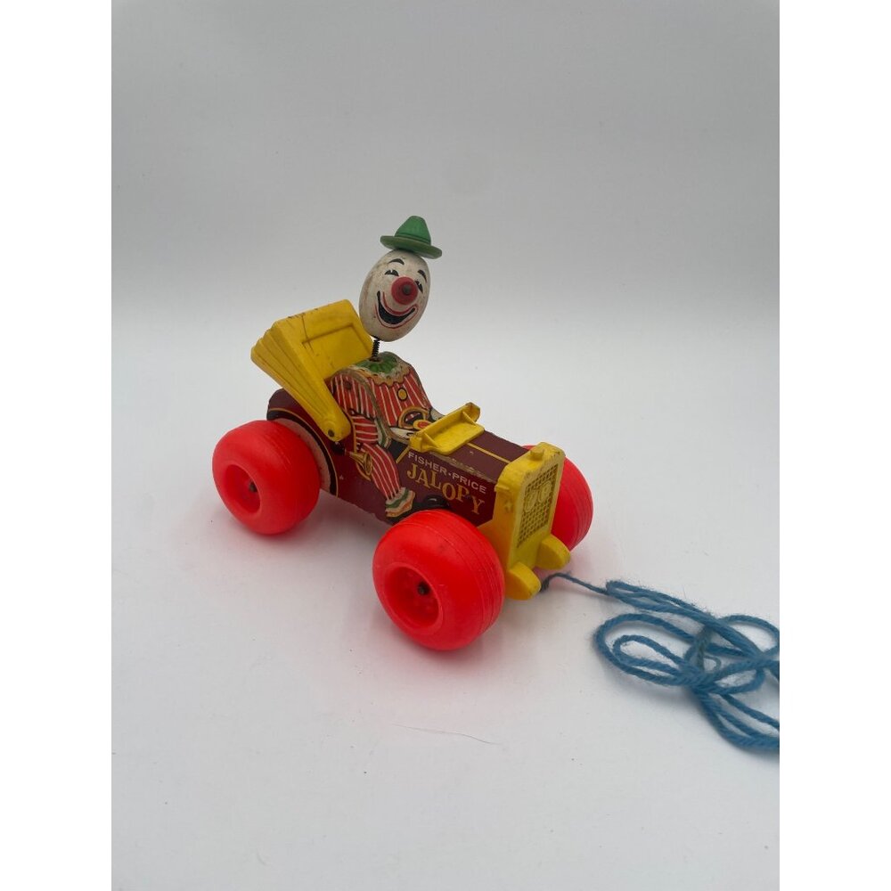 Vintage Fisher-Price Jalopy Pull Toy Clown Car With Red Wheels & String Pull
